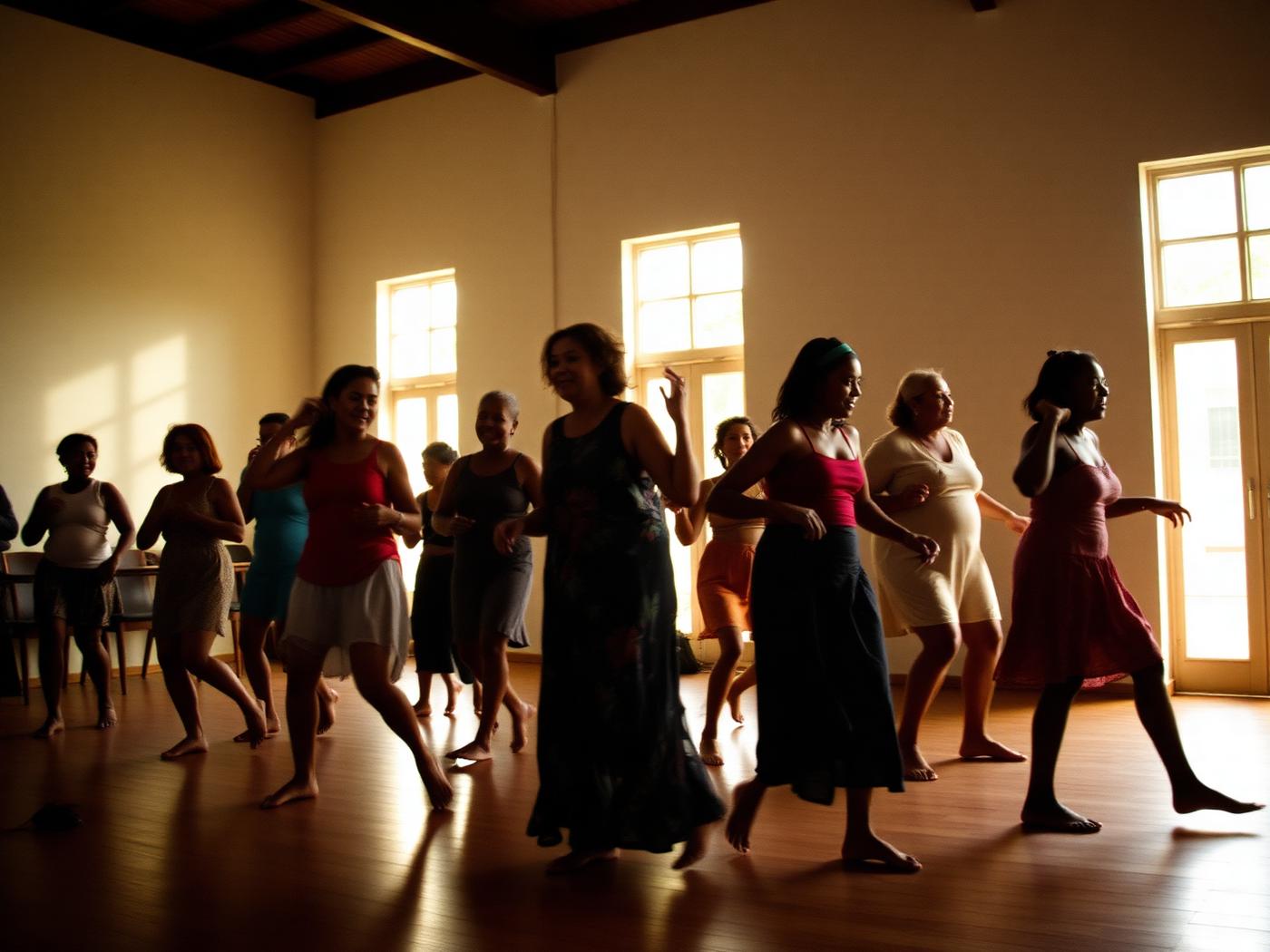 Grupo de pessoas de várias idades dançando descalças num salão comunitário carioca
