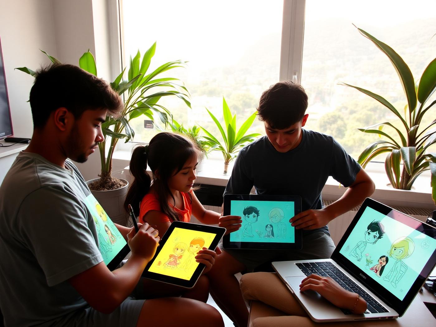 Jovens desenhando animação em tablets num estúdio com vista para o morro