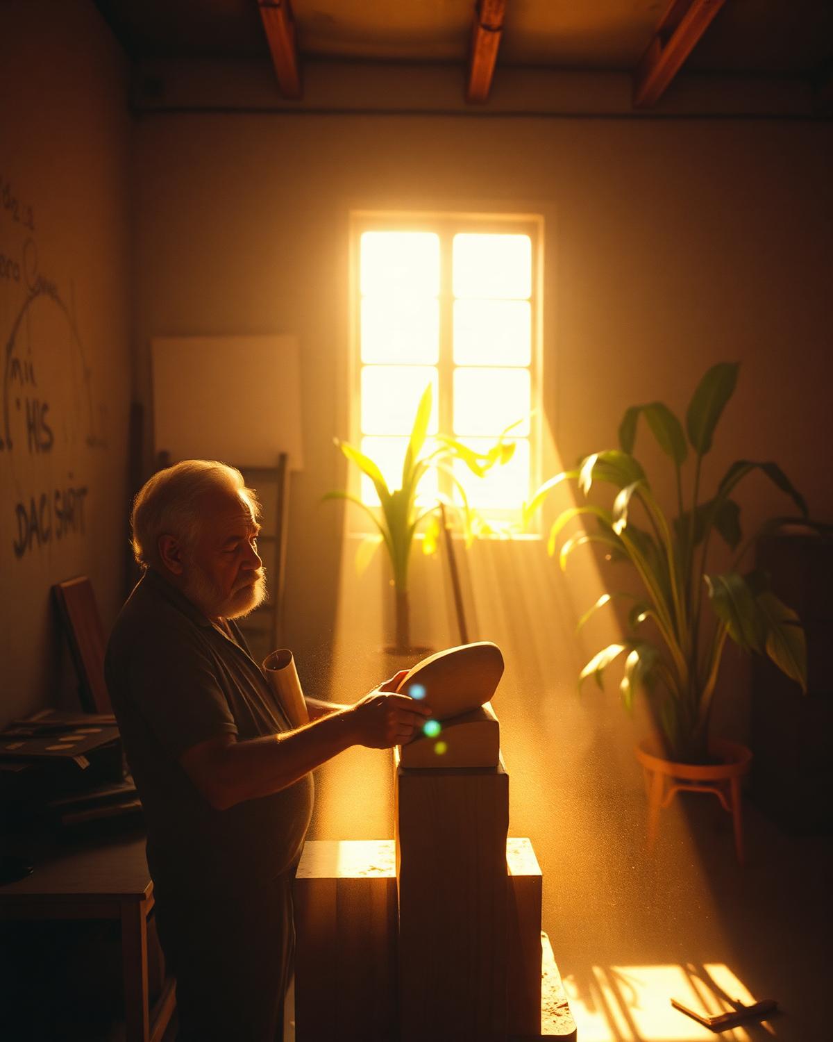 Senhor esculpindo madeira num ateliê iluminado pelo sol