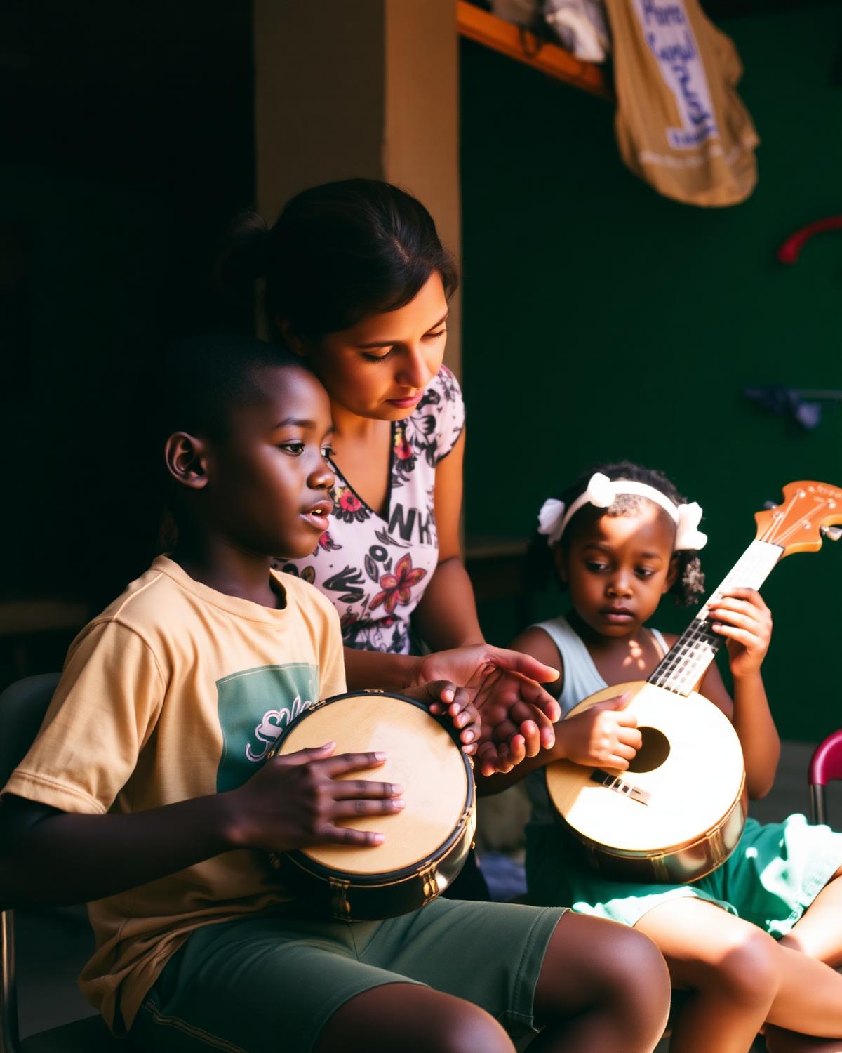 Crianças aprendendo pandeiro e cavaquinho com uma educadora