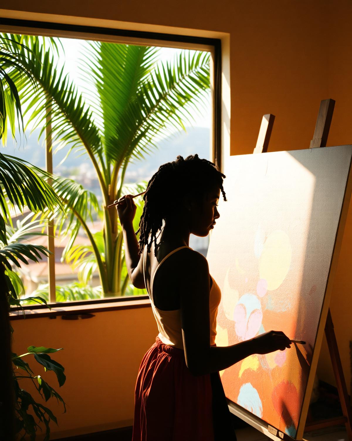 Jovem negra pintando uma tela colorida num ateliê com luz quente do Rio de Janeiro