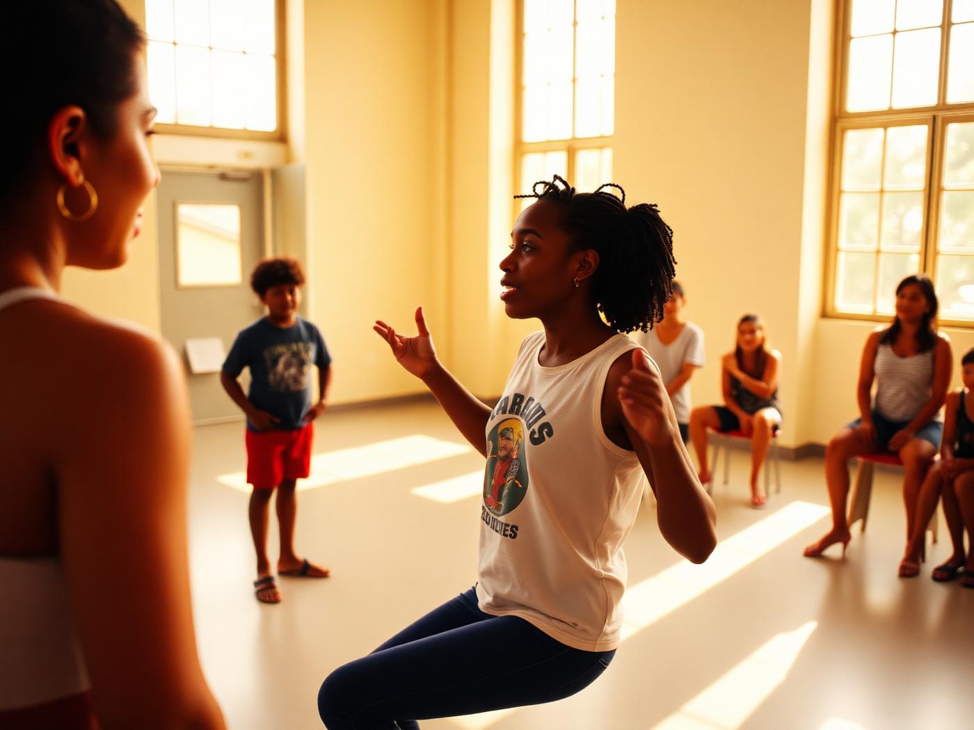 Adolescente improvisando uma cena numa oficina de teatro com luz dourada