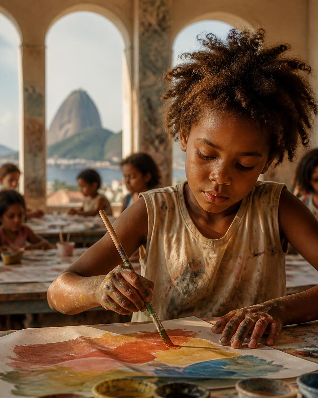 Criança pintando com pincel numa oficina comunitária de arte no Rio de Janeiro