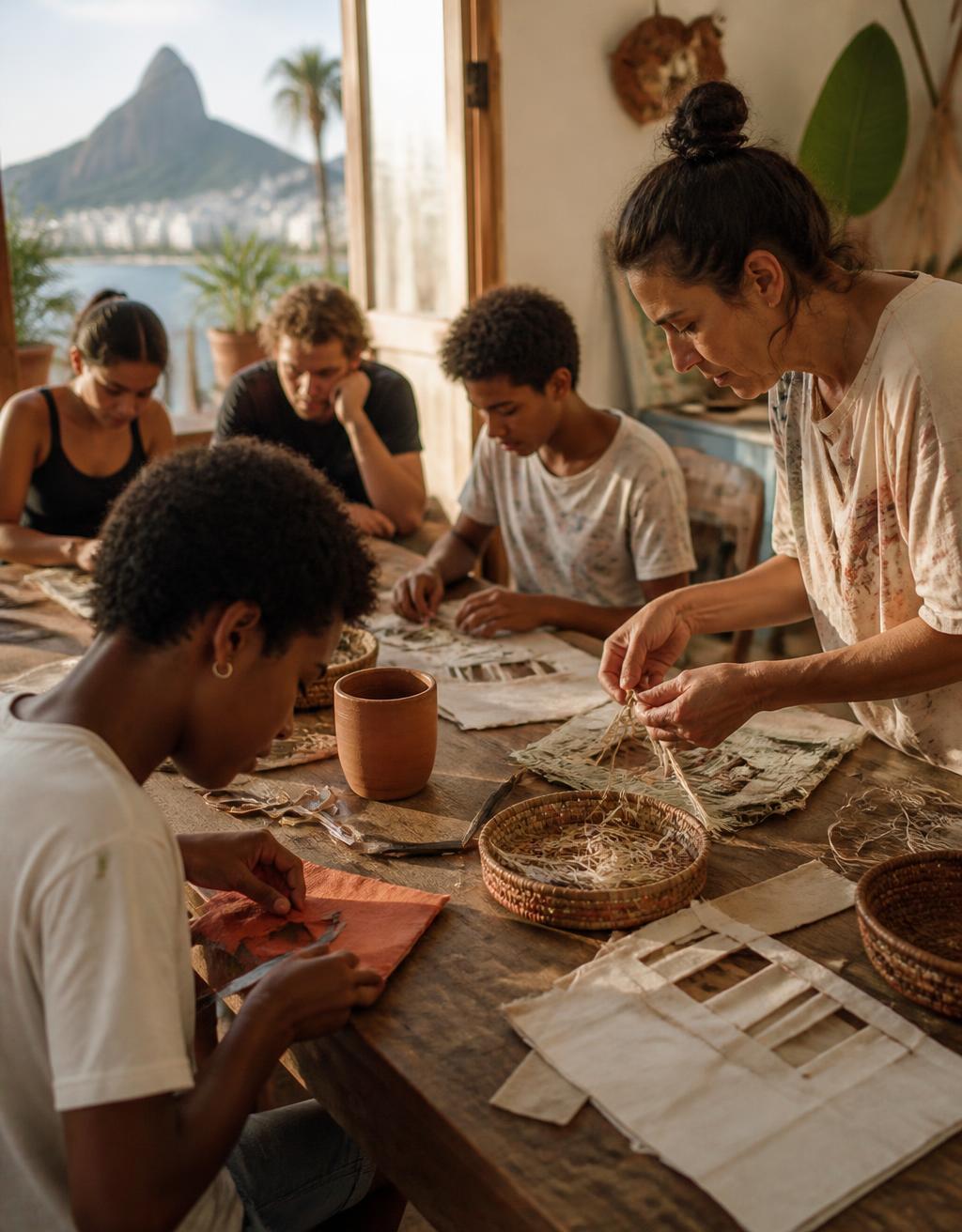 Oficina de artes manuais em grupo numa mesa de madeira, com educadora a orientar os participantes